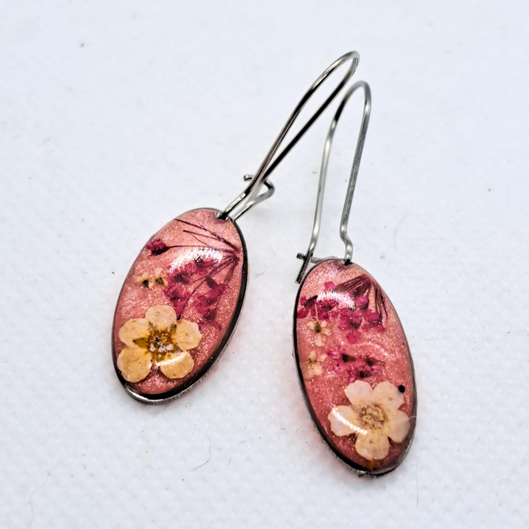 Small Oval Dangle Earring - Real Pink and White Pressed Flowers in Pink Resin Set in Stainless Steel