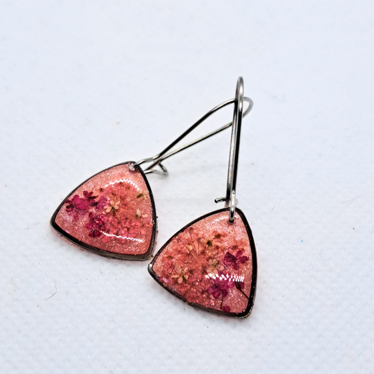 Small Curved Triangle Dangle Earring - Real Pink and White Pressed Flowers in Pink Resin Set in Stainless Steel