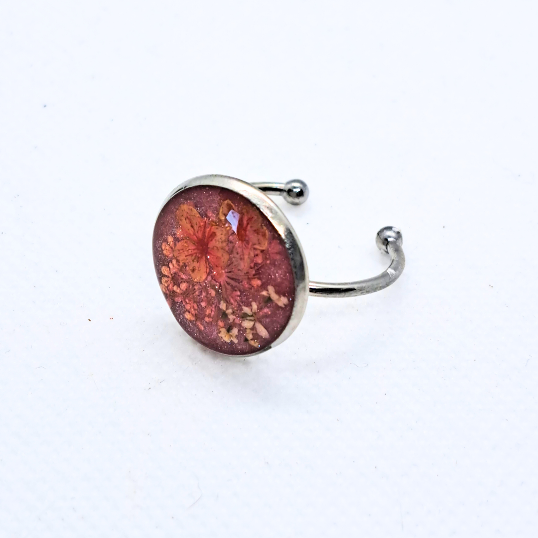 Medium Round Ring - Real Pink and White Pressed Flowers in Pink Resin Set in Stainless Steel