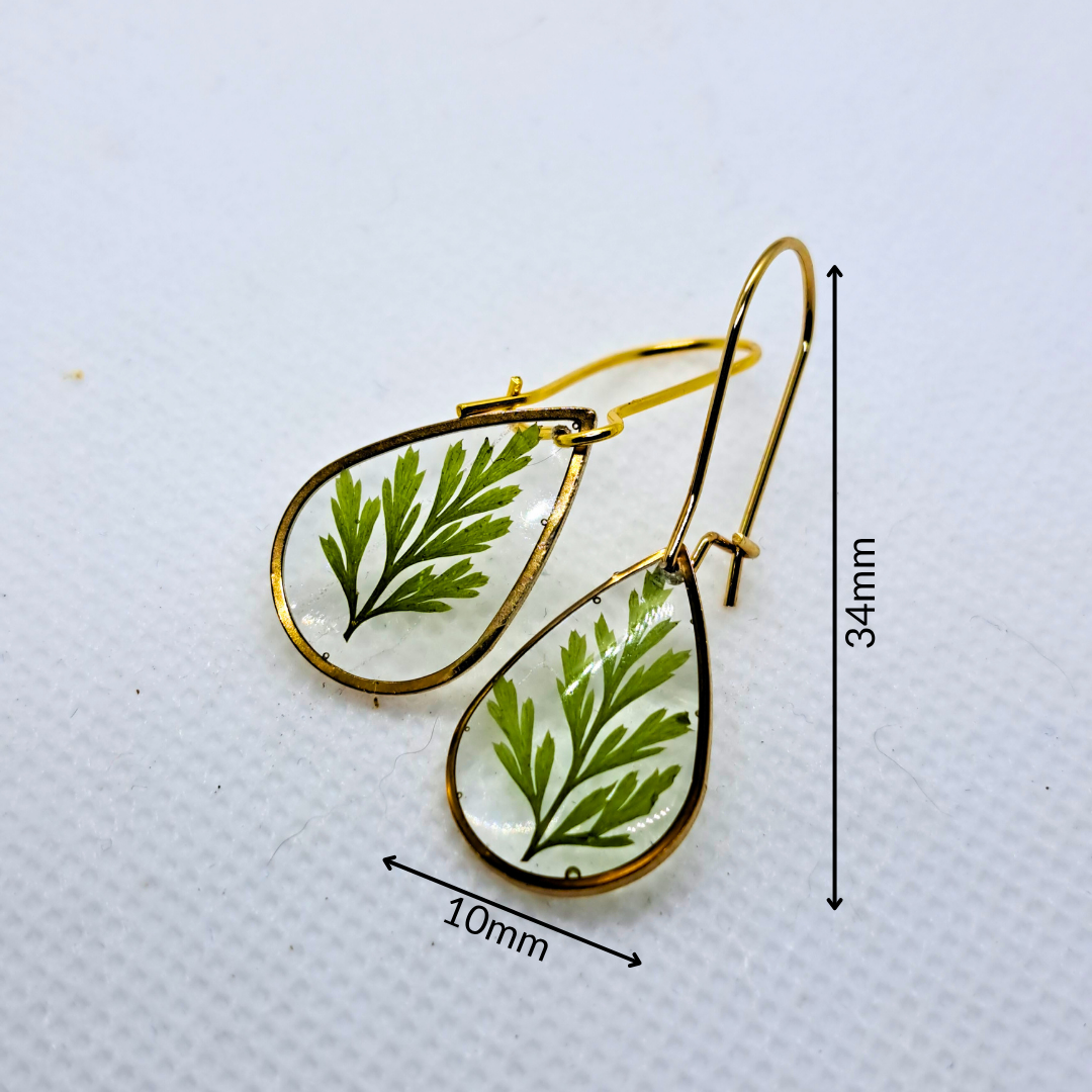 Small Tear Drop Dangle Earring - Real Pressed Leaf in Resin Set in Gold-Plated Stainless Steel