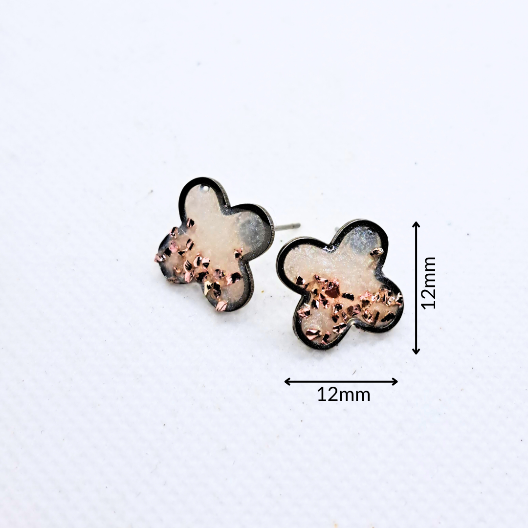 Small Cross Stud Earring - with Pink Crushed Glass in White Resin Set in Stainless Steel