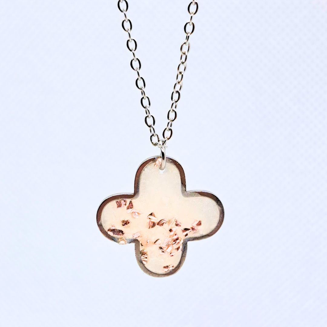 Medium Cross Necklace (Chain 45+5cm) - with Pink Crushed Glass in White Resin Set in Stainless Steel