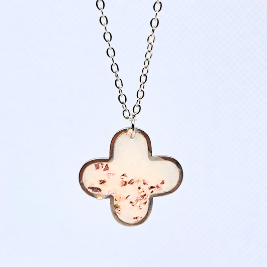 Medium Cross Necklace (Chain 45+5cm) - with Pink Crushed Glass in White Resin Set in Stainless Steel