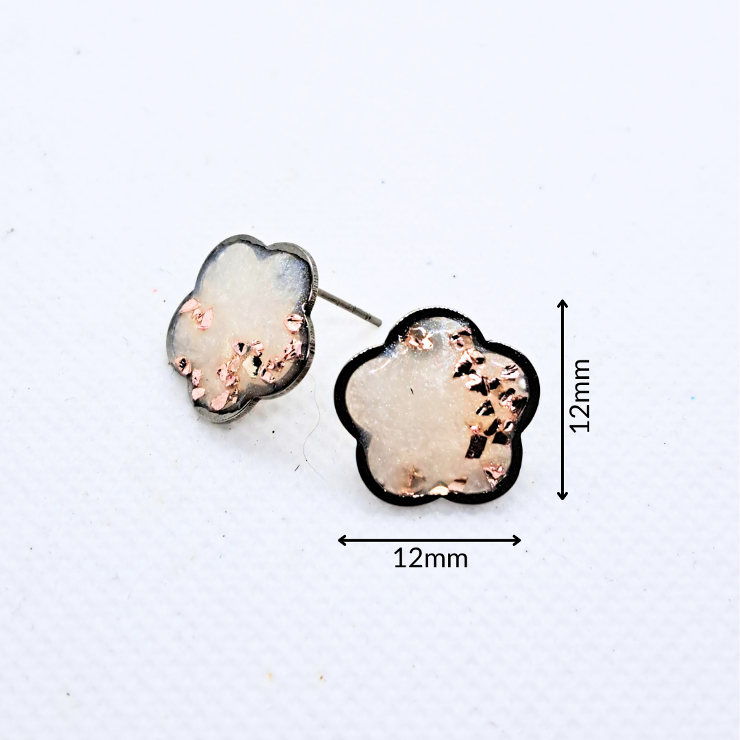 Small Flower Stud Earring - with Pink Crushed Glass in White Resin Set in Stainless Steel