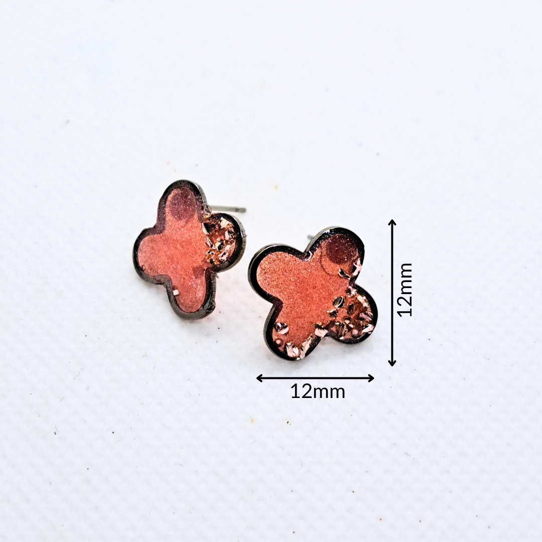 Small Cross Stud Earring - with Pink Crushed Glass in Pink Resin Set in Stainless Steel