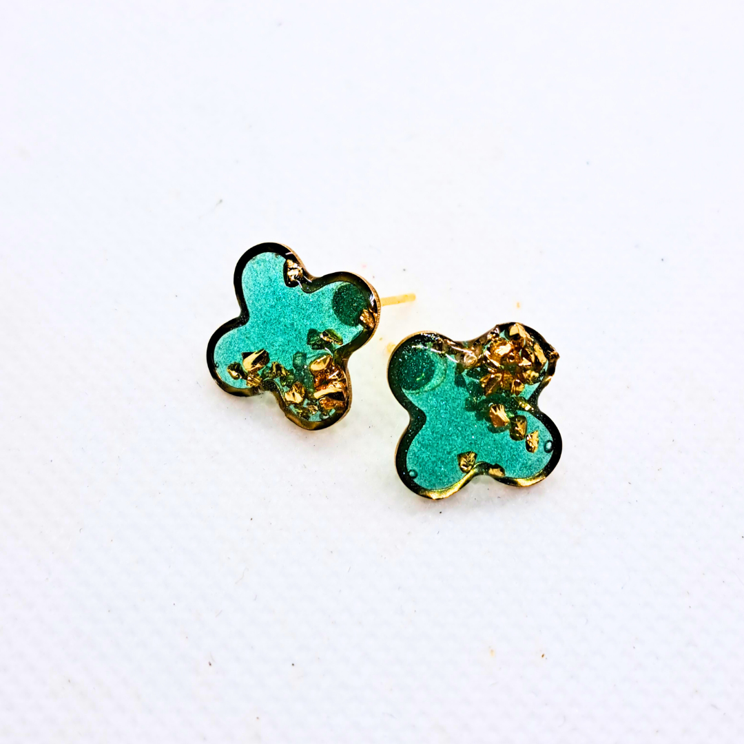 Small Cross Stud Earring - Green Resin with Gold Crushed Glass Set in Gold-Plated Stainless Steel