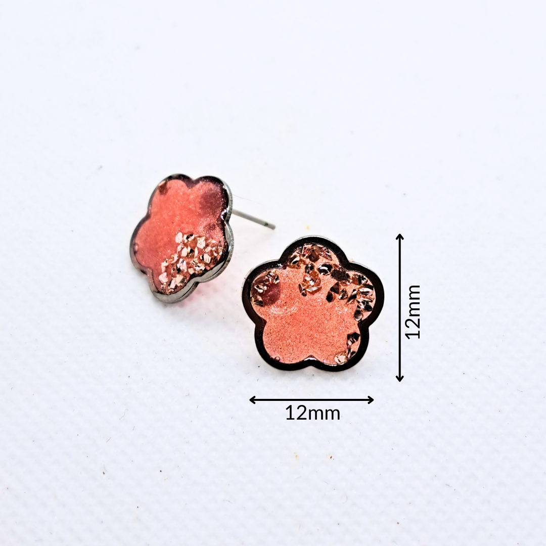 Small Flower Stud Earring - with Pink Crushed Glass in Pink Resin Set in Stainless Steel