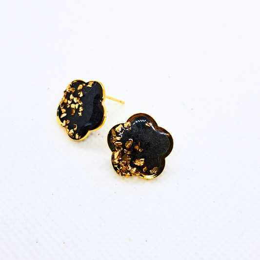 Small Flower Stud Earring - Black Resin with Gold Crushed Glass Set in Gold-Plated Stainless Steel