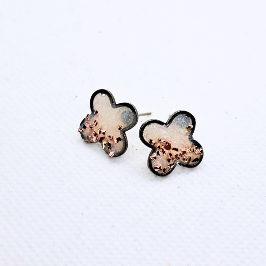 Small Cross Stud Earring - with Pink Crushed Glass in White Resin Set in Stainless Steel