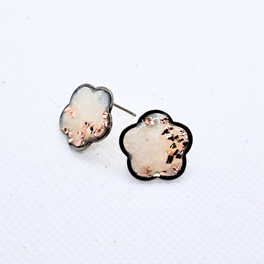 Small Flower Stud Earring - with Pink Crushed Glass in White Resin Set in Stainless Steel