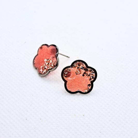 Small Flower Stud Earring - with Pink Crushed Glass in Pink Resin Set in Stainless Steel