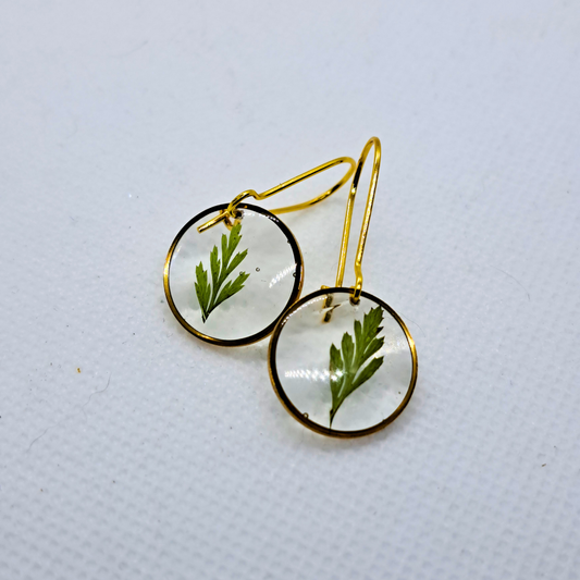 Small Round Dangle Earring - Real Pressed Leaf in Resin Set in Gold-Plated Stainless Steel