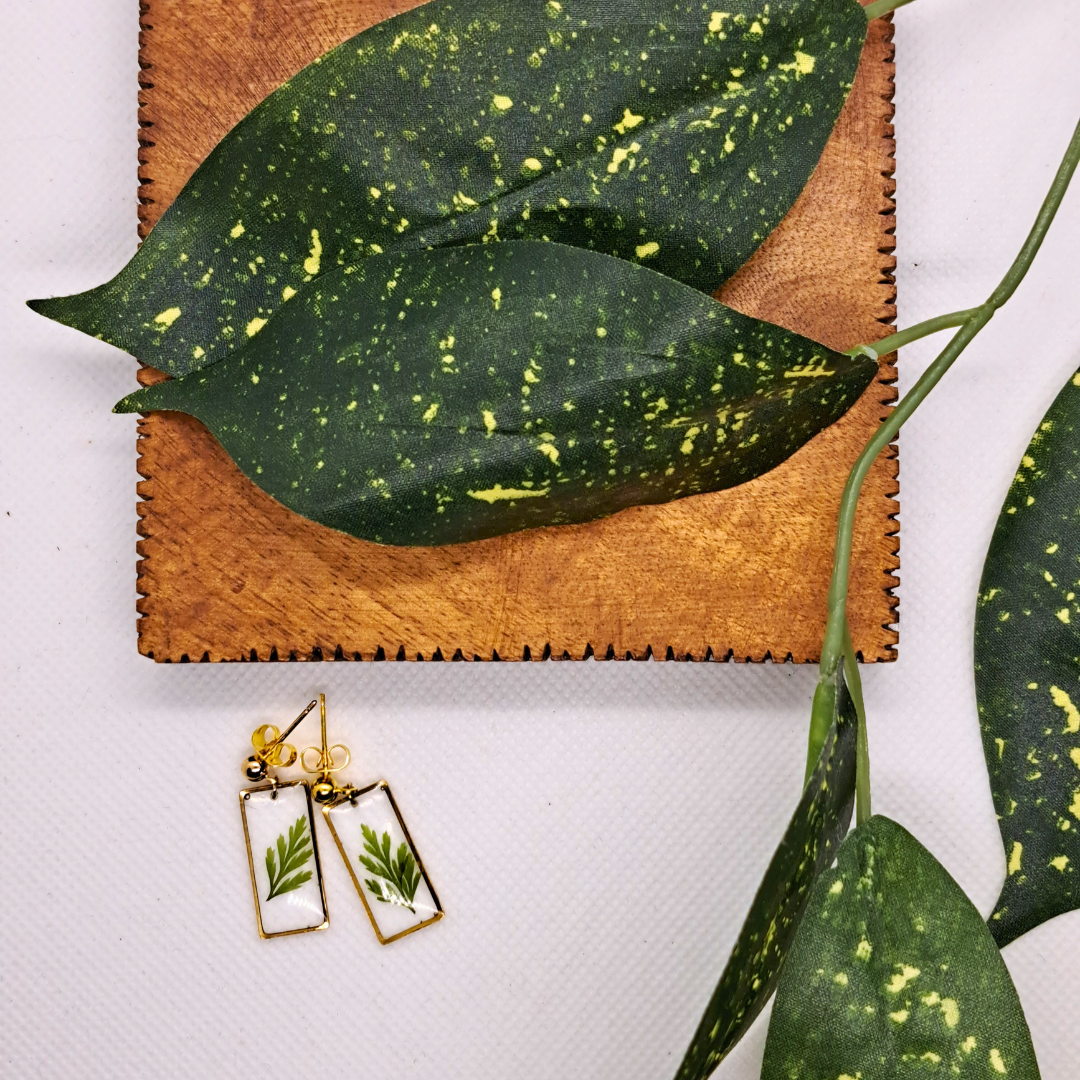 Small Rectangle Dangle Earring - Real Pressed Leaf in Resin Set in Gold-Plated Stainless Steel