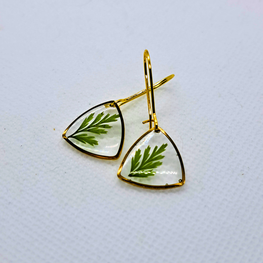 Small Curved Triangle Dangle Earring - Real Pressed Leaf in Resin Set in Gold-Plated Stainless Steel