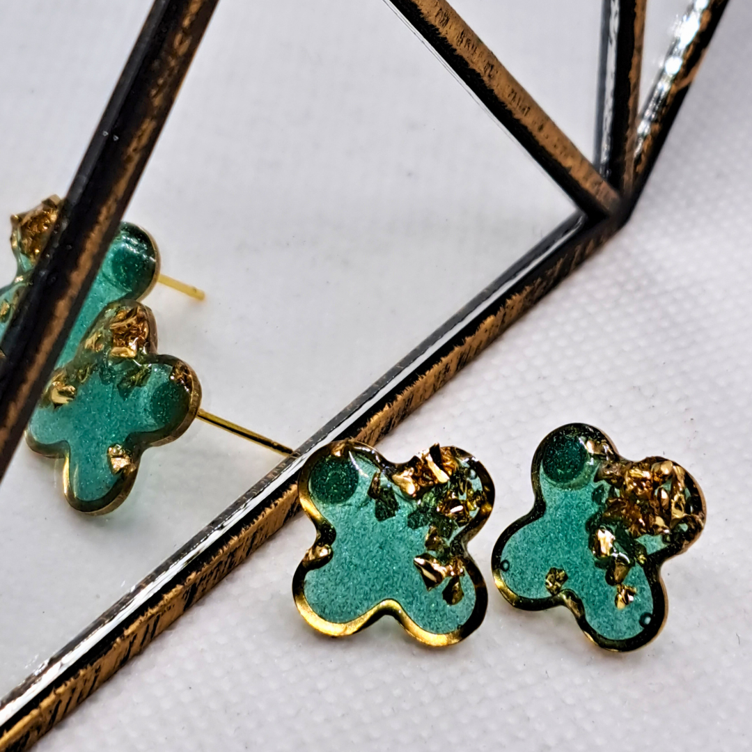 Small Cross Stud Earring - Green Resin with Gold Crushed Glass Set in Gold-Plated Stainless Steel