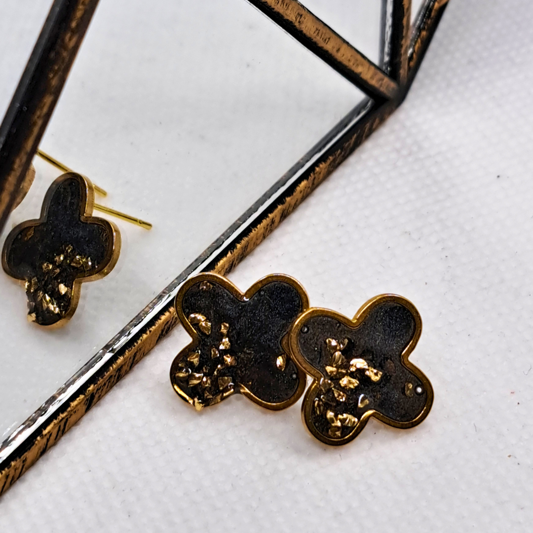 Small Cross Stud Earring - Black Resin with Gold Crushed Glass Set in Gold-Plated Stainless Steel