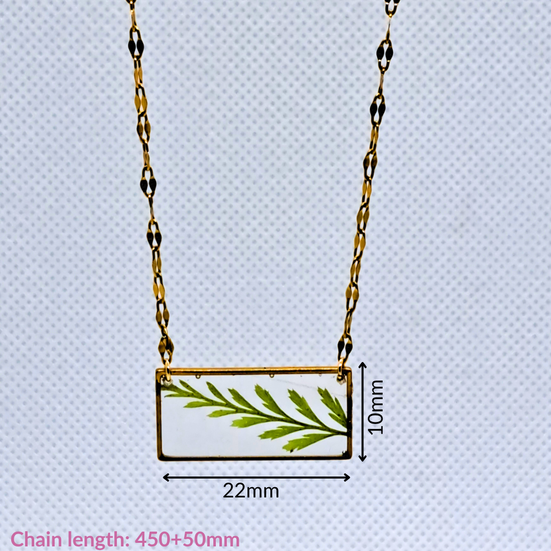 Medium Rectangle Necklace (Chain 45+5cm) - Real Pressed Leaf in Resin Set in Gold-Plated Stainless Steel