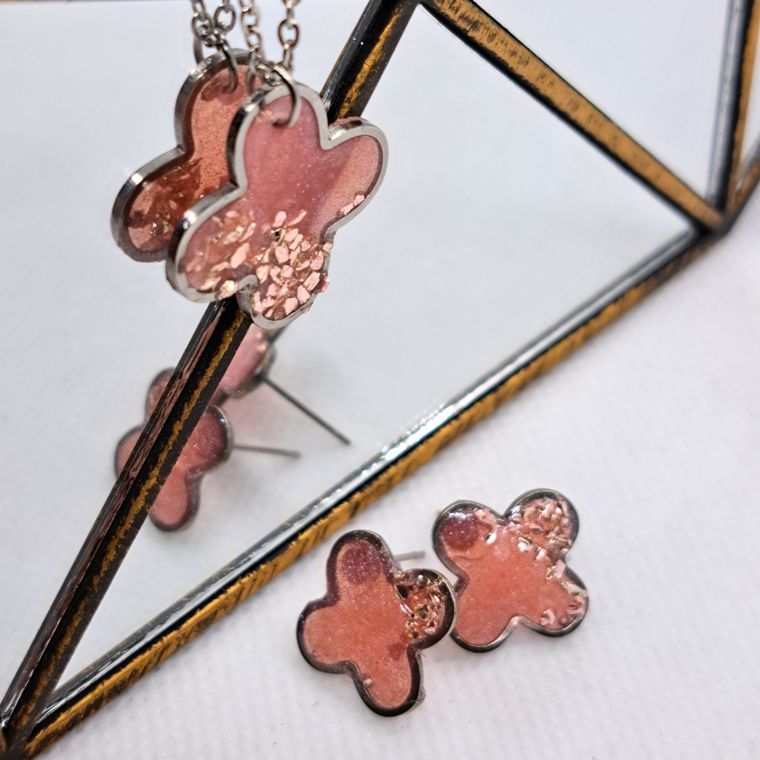 Small Cross Stud Earring - with Pink Crushed Glass in Pink Resin Set in Stainless Steel