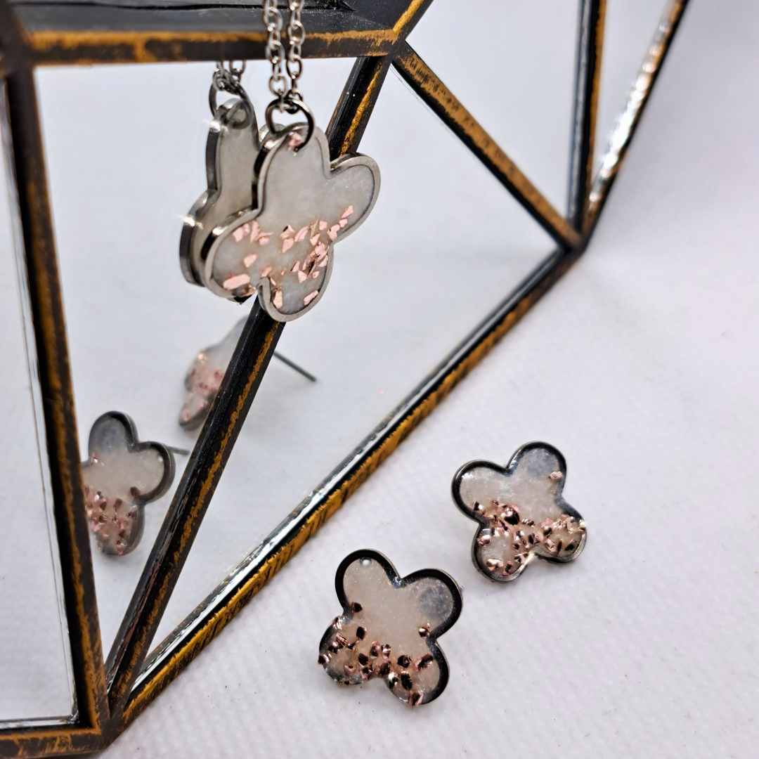 Small Cross Stud Earring - with Pink Crushed Glass in White Resin Set in Stainless Steel