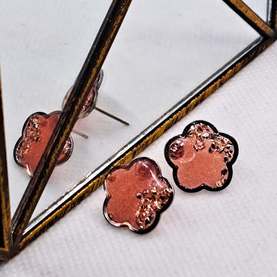 Small Flower Stud Earring - with Pink Crushed Glass in Pink Resin Set in Stainless Steel