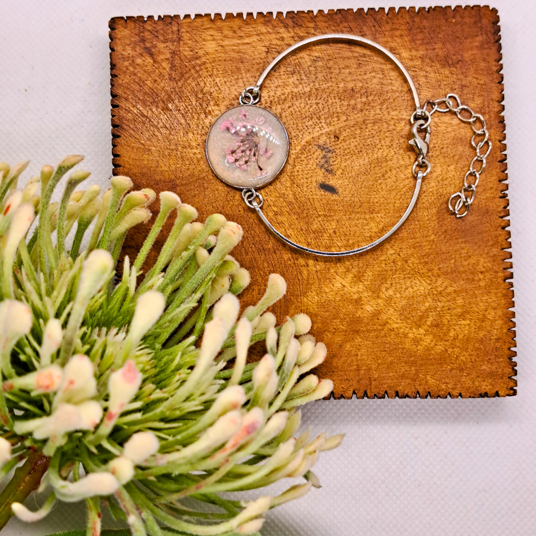Medium Round Bangle - Real Pink Pressed Flowers in White Resin Set in Stainless Steel