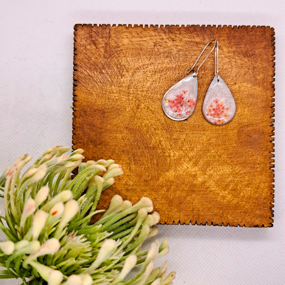 Small Tear Drop Dangle Earring - Real Pink Pressed Flowers in White Resin Set in Stainless Steel